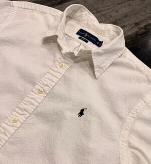 Polo Ralph Lauren Mens XL Slim Fit Seersucker Shirt White Navy Pony Short Sleeve